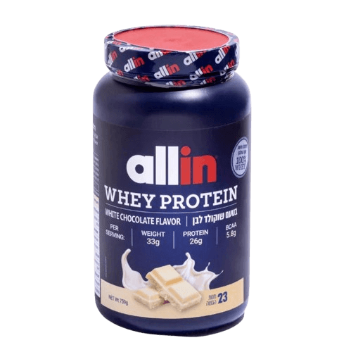 אבקת חלבון בטעם שוקולד לבן | 759 גרם | 61 מנות הגשה | 26 גרם חלבון במנה | 5.8 חומצות אמינו מסועפות | Whey Protein