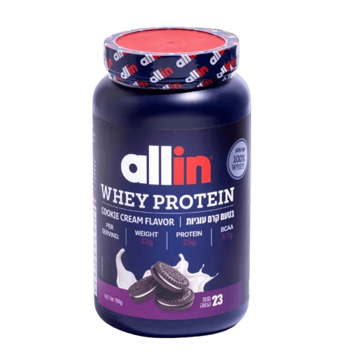 אבקת חלבון בטעם קרם עוגיות | 759 גרם | 23 מנות הגשה | 25 גרם חלבון במנה | 5.7 חומצות אמינו מסועפות | Whey Protein