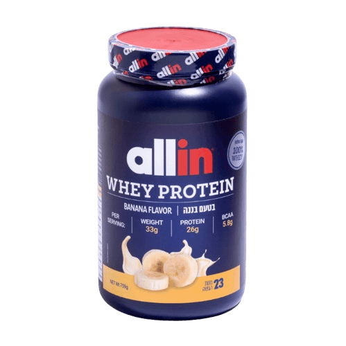 אבקת חלבון בטעם בננה | 759 גרם | 23 מנות הגשה | 26 גרם חלבון במנה | 5.8 חומצות אמינו מסועפות | Whey Protein