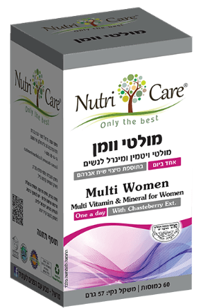 מולטי וומן (Multi Woman) - 60 כמוסות מולטי ויטמין ומינרל לנשים - בתוספת מיצוי שיח אברהם - אחד ביום - מבית נוטרי קר