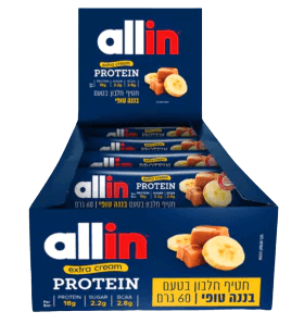 חטיף חלבון בטעם בננה טופי | משקל 60 גרם | 2.2 גרם סוכרים | 18 גרם חלבון | מכיל 2.8 גרם חומצות אמינו מסועפות | Extra Cream | אריזת 24 יחידות | מבית אול אין