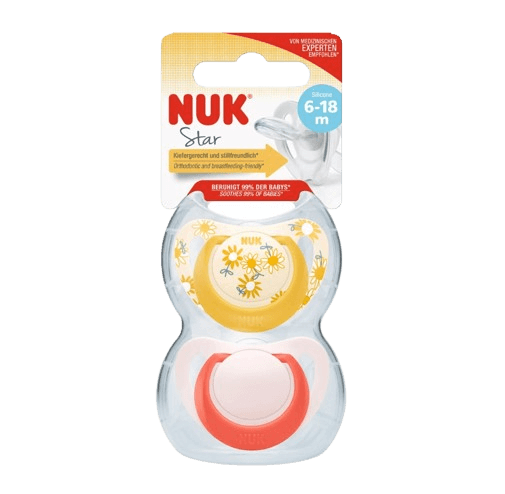 זוג מוצצי נוק סטאר NUK Star | סיליקון 6-18 חודשים | צהוב + אדום |