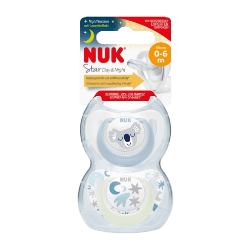 זוג מוצצי סטאר דיי&נייט-NUK Star Day&Night | סיליקון 0-6 חודשים | עם אפקט זוהר בחושך | תכלת לבן