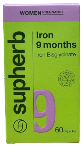 iron 9 months | ברזל 9 חודשים | מכיל 60 כמוסות | סופהרב | SUPHERB | ברזל ביסגליצינאט