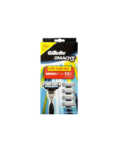 מאך 3 | Mach 3 | אריזה חסכונית במיוחד | Super Saver Pack | מגיע עם 4 להבי גילוח נוספים | מכיל פדים עם ג'ל כדי למנוע אדמומיות |
