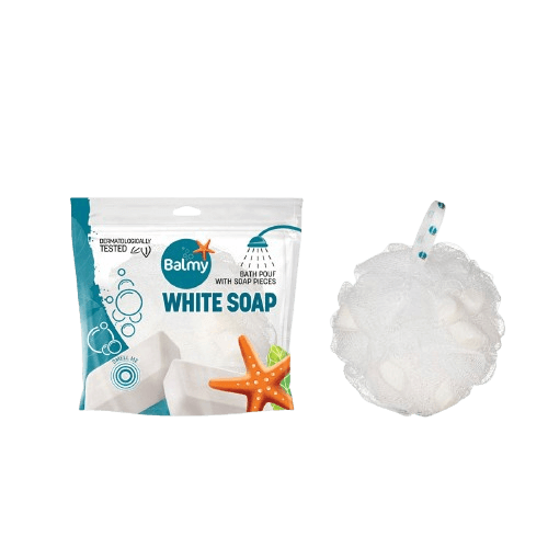 Balmy | ספוג רחצה עם סבון | סבון לבן | Balmy — White Soap (Bath Pouf with Soap Pieces)