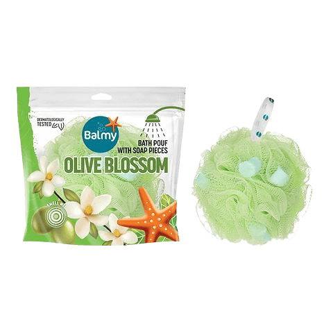 Balmy | ספוג רחצה עם סבון | פריחת זית | Balmy — Olive Blossom (Bath Pouf with Soap Pieces)