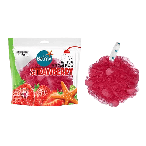 ספוג רחצה עם סבון | תות שדה | Balmy — Strawberry (Bath Pouf with Soap Pieces)