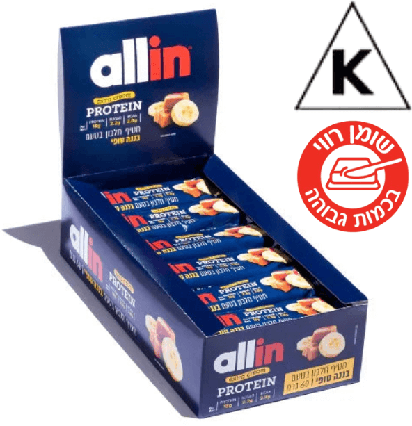 חטיף חלבון בטעם בננה טופי | משקל 60 גרם | 2.2 גרם סוכרים | 18 גרם חלבון | מכיל 2.8 גרם חומצות אמינו מסועפות | Extra Cream | אריזת 24 יחידות | מבית אול אין