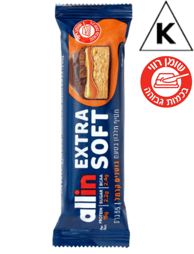חטיף חלבון בטעם בוטנים קרמל | Extra Soft | משקל 55 גרם | 2.2 גרם סוכר | 2.4 גרם חומצות אמינו מסועפות | 15 גרם חלבון | מבית אול אין