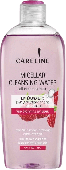 מי פנים מיסילייים | להסרת איפור | לעור יבש ורגיש | מועשרים בהידרוסול פטל | 400 מ"ל | CARELINE