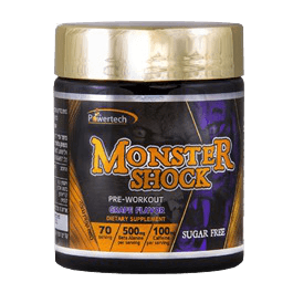 MONSTER SHOCK - מונסטר שוק - פרי וורקאאוט אבקה להכנה משקה חומצות אמינו בתוספת קפאין וויטמין B3 בטעם ענבים ללא סוכר . מס' מנות הגשה 70