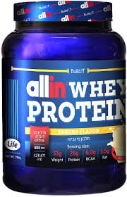 allin whey protein | אבקת חלבון מי גבינה אול אין בטעם בננה | 759 גרם |