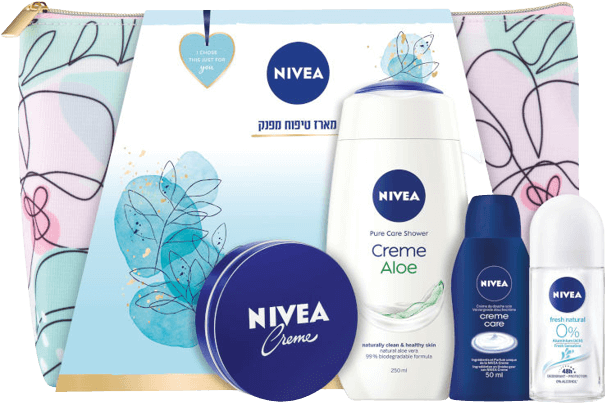 מארז טיפוח | לאישה | תיק רחצה | המכיל תחליב רחצה | דאודורנט רול און ללא אלומיניום | קרם רב שימושי | וקרם רחצה |